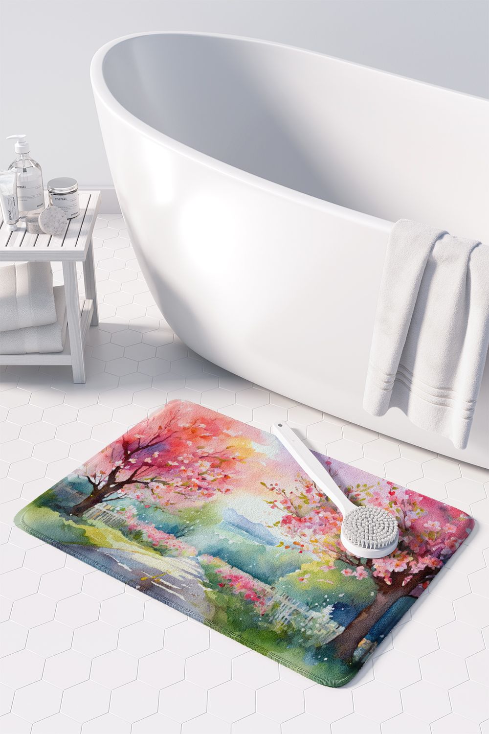 Michigan Apple Blossoms in Watercolor Memory Foam Kitchen Mat Machine Washable Anti-Fatigue Mat Cushion Comfort Bath Mat or Kitchen Rug