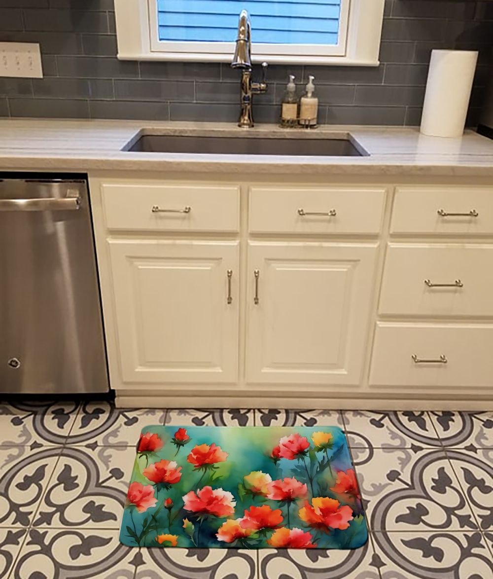 Ohio Scarlet Carnations in Watercolor Memory Foam Kitchen Mat Machine Washable Anti-Fatigue Mat Cushion Comfort Bath Mat or Kitchen Rug