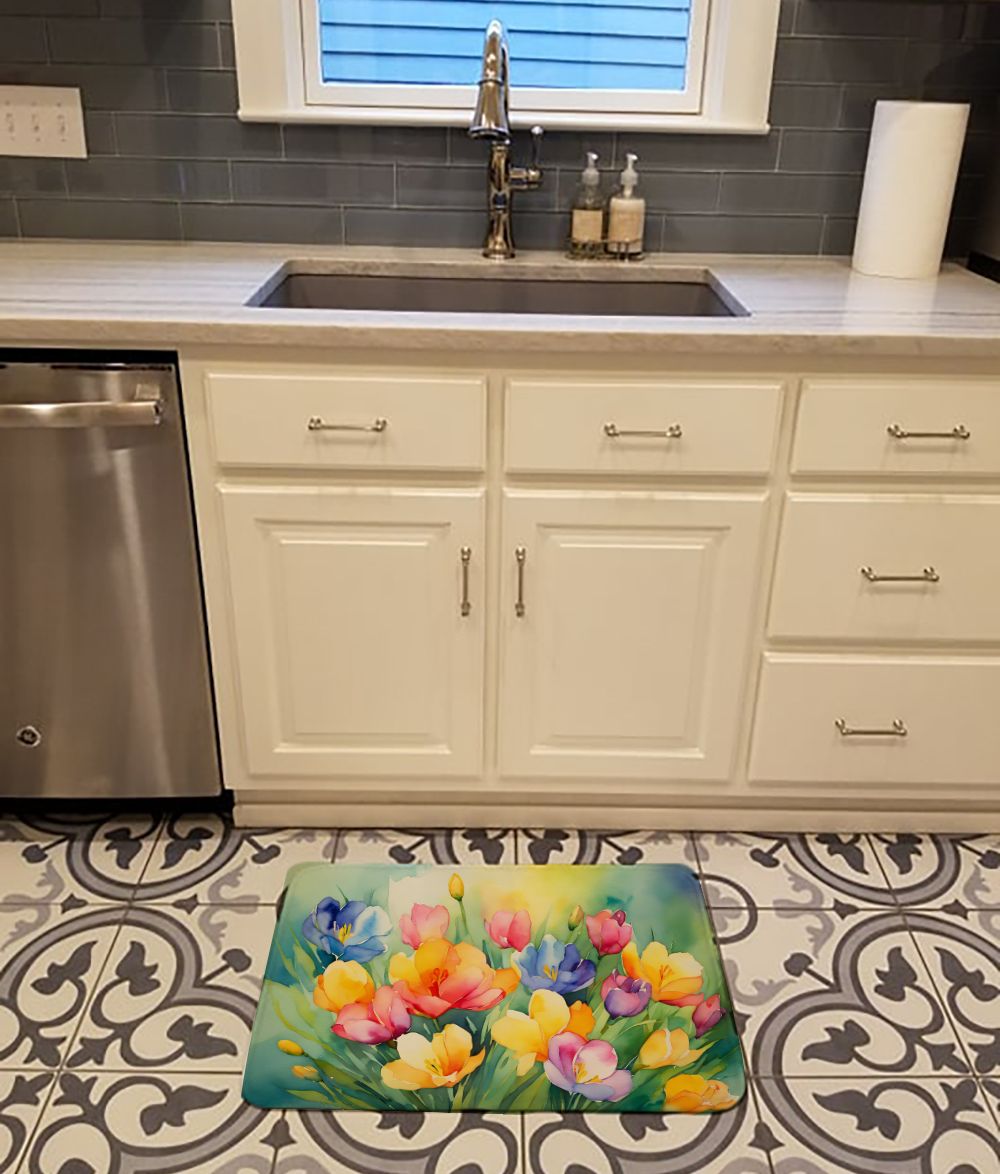 Freesias in Watercolor Memory Foam Kitchen Mat Machine Washable Anti-Fatigue Mat Cushion Comfort Bath Mat or Kitchen Rug