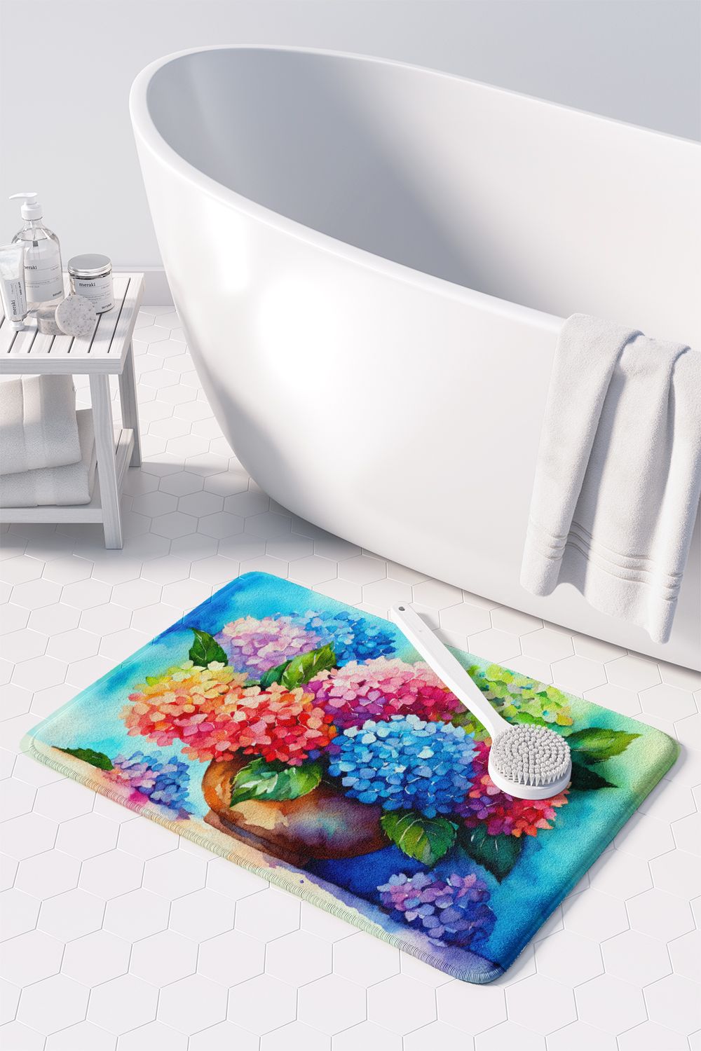 Hydrangeas in Watercolor Memory Foam Kitchen Mat Machine Washable Anti-Fatigue Mat Cushion Comfort Bath Mat or Kitchen Rug