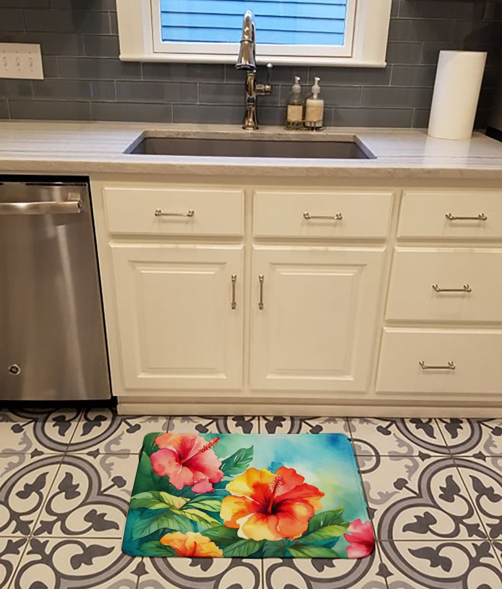 Hawaii Hawaiian Hibiscus in Watercolor Memory Foam Kitchen Mat Machine Washable Anti-Fatigue Mat Cushion Comfort Bath Mat or Kitchen Rug