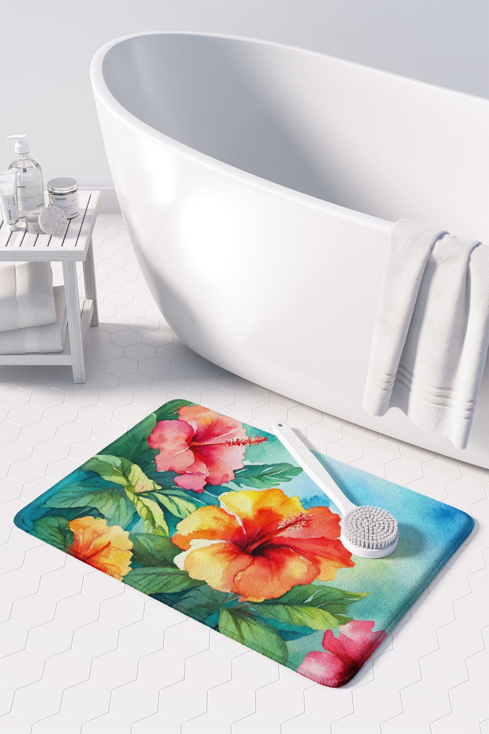 Hawaii Hawaiian Hibiscus in Watercolor Memory Foam Kitchen Mat Machine Washable Anti-Fatigue Mat Cushion Comfort Bath Mat or Kitchen Rug