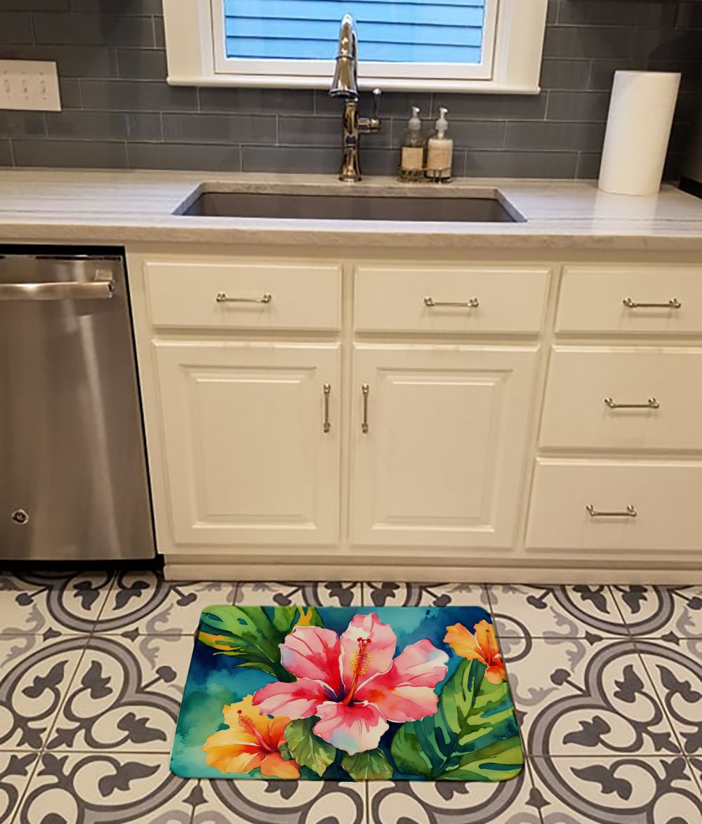 Hawaii Hawaiian Hibiscus in Watercolor Memory Foam Kitchen Mat Machine Washable Anti-Fatigue Mat Cushion Comfort Bath Mat or Kitchen Rug