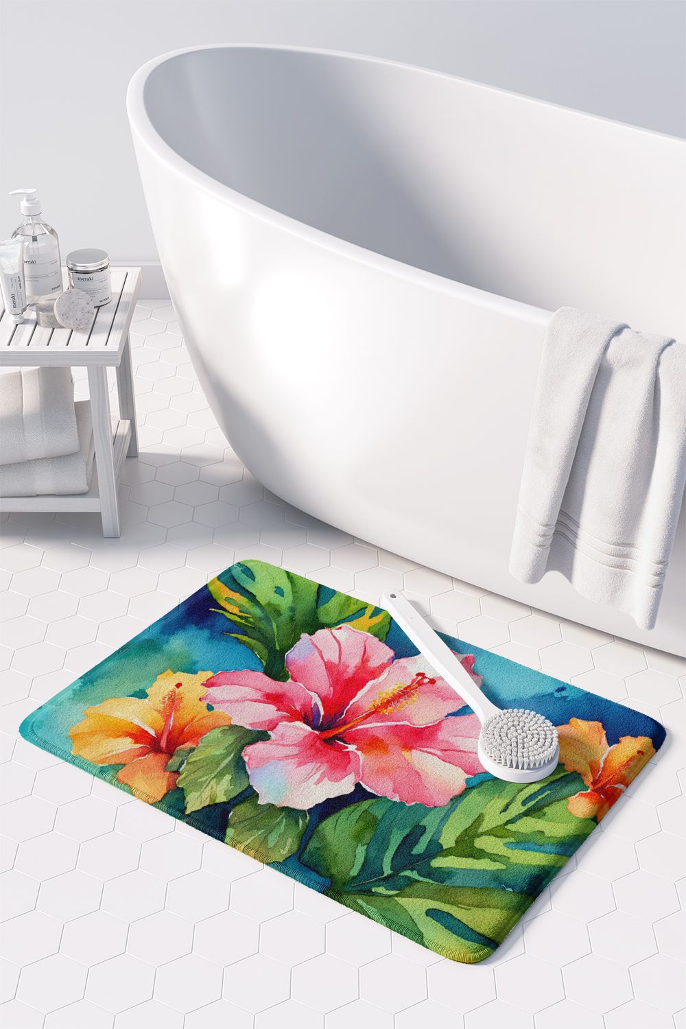 Hawaii Hawaiian Hibiscus in Watercolor Memory Foam Kitchen Mat Machine Washable Anti-Fatigue Mat Cushion Comfort Bath Mat or Kitchen Rug