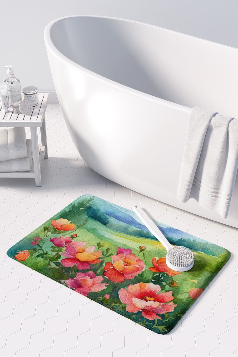Iowa Wild Prairie Roses in Watercolor Memory Foam Kitchen Mat Machine Washable Anti-Fatigue Mat Cushion Comfort Bath Mat or Kitchen Rug