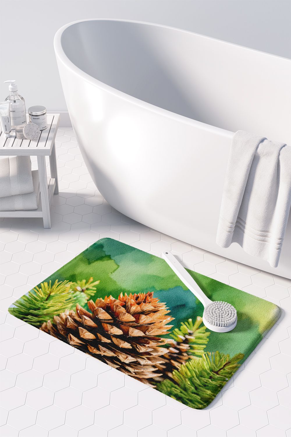 Maine White Pine Cone and Tassels in Watercolor Memory Foam Kitchen Mat Machine Washable Anti-Fatigue Mat Cushion Comfort Bath Mat or Kitchen Rug