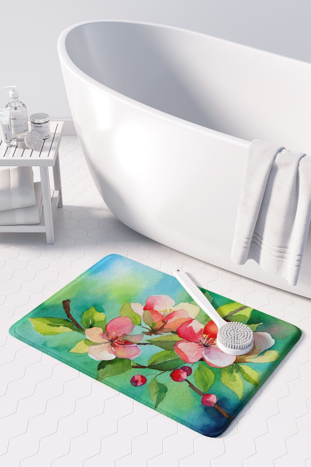 Arkansas Apple Blossom in Watercolor Memory Foam Kitchen Mat Machine Washable Anti-Fatigue Mat Cushion Comfort Bath Mat or Kitchen Rug