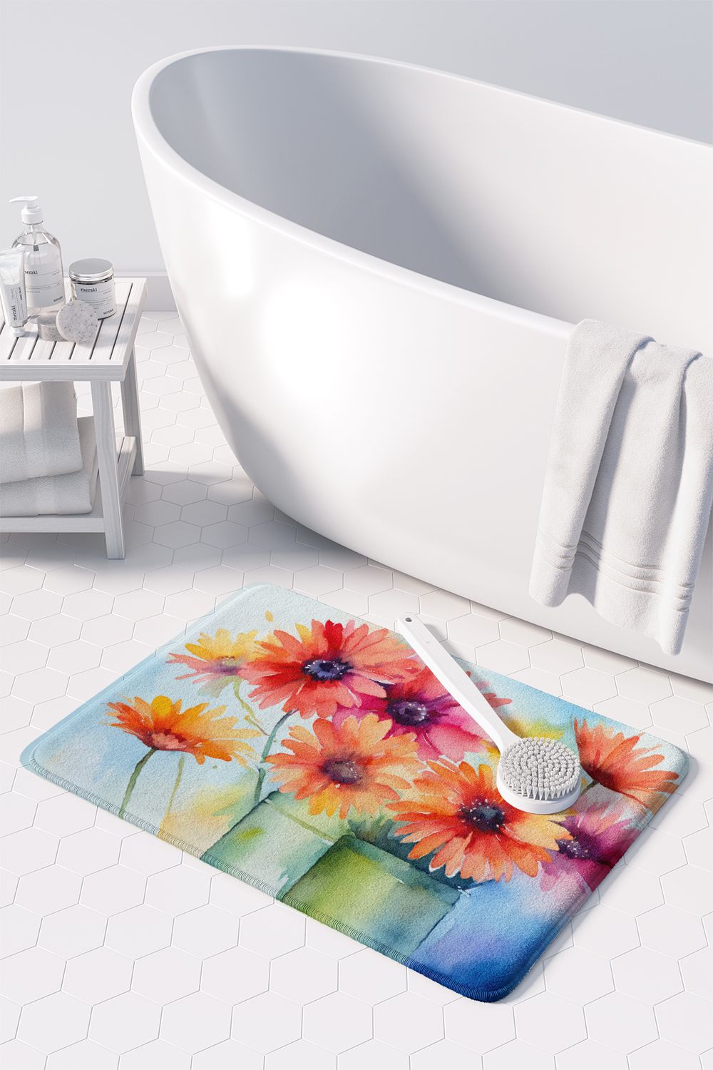 Gerbera Daisies in Watercolor Memory Foam Kitchen Mat Machine Washable Anti-Fatigue Mat Cushion Comfort Bath Mat or Kitchen Rug