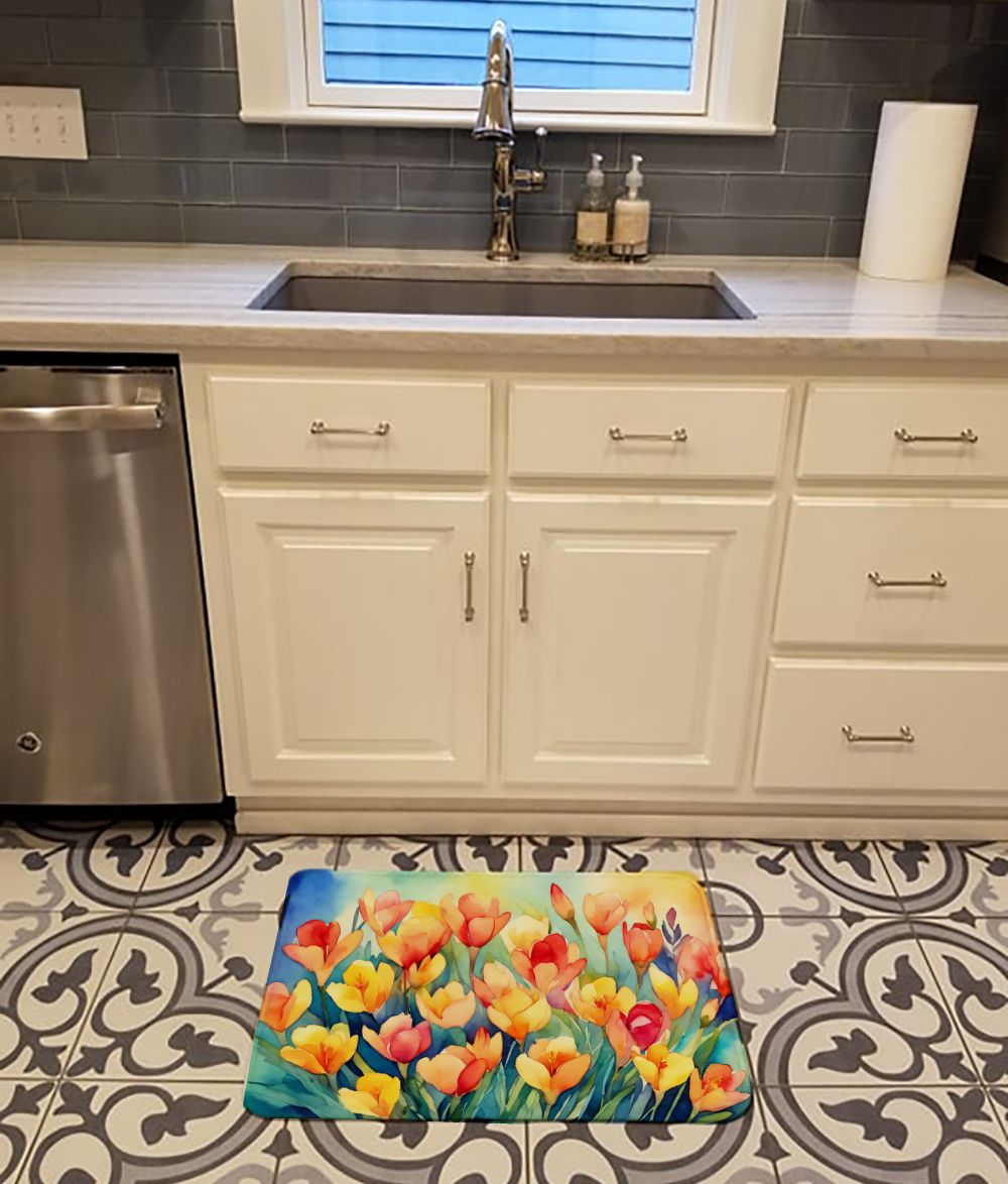 Freesias in Watercolor Memory Foam Kitchen Mat Machine Washable Anti-Fatigue Mat Cushion Comfort Bath Mat or Kitchen Rug