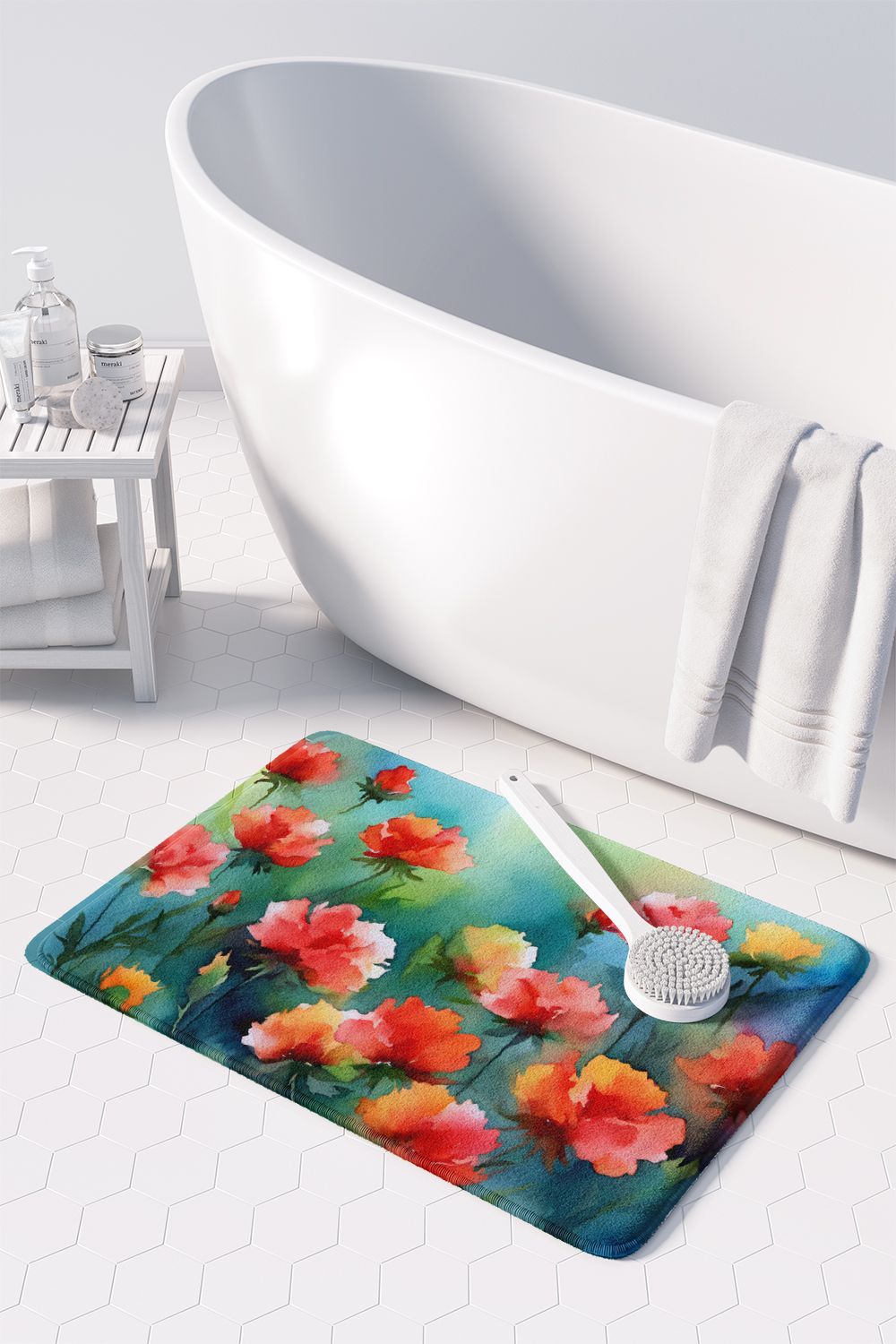 Ohio Scarlet Carnations in Watercolor Memory Foam Kitchen Mat Machine Washable Anti-Fatigue Mat Cushion Comfort Bath Mat or Kitchen Rug