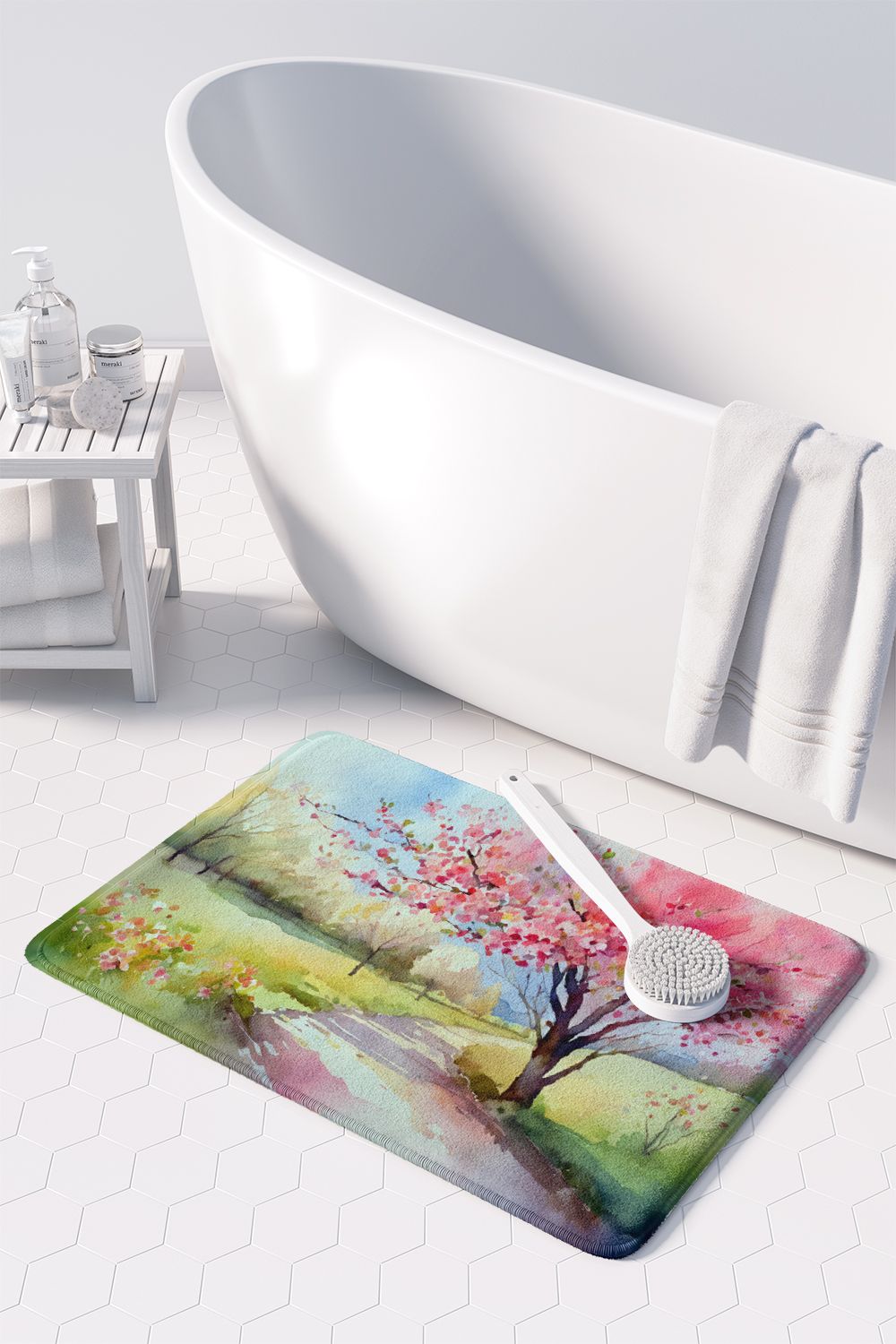 Michigan Apple Blossoms in Watercolor Memory Foam Kitchen Mat Machine Washable Anti-Fatigue Mat Cushion Comfort Bath Mat or Kitchen Rug