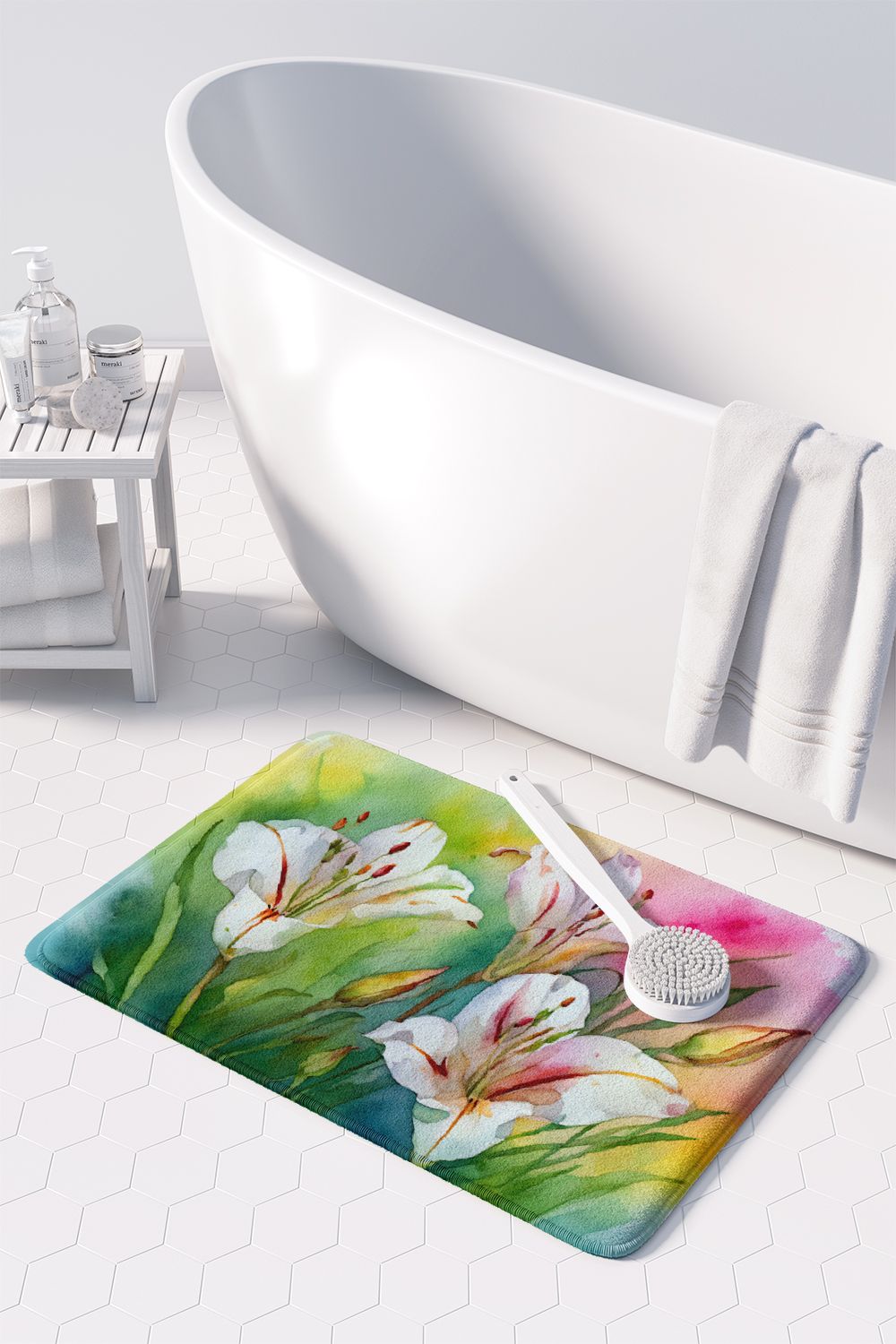 Utah Sego Lilies in Watercolor Memory Foam Kitchen Mat Machine Washable Anti-Fatigue Mat Cushion Comfort Bath Mat or Kitchen Rug