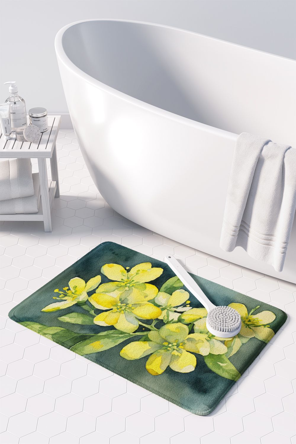 South Carolina Yellow Jessamine in Watercolor Memory Foam Kitchen Mat Machine Washable Anti-Fatigue Mat Cushion Comfort Bath Mat or Kitchen Rug