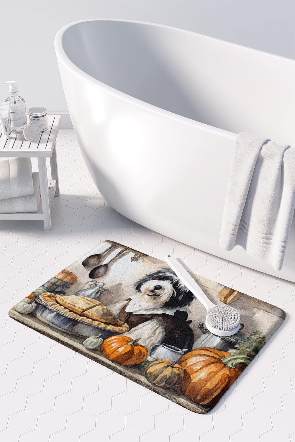 Old English Sheepdog Fall Kitchen Pumpkins Memory Foam Kitchen Mat Machine Washable Anti-Fatigue Mat Cushion Comfort Bath Mat or Kitchen Rug