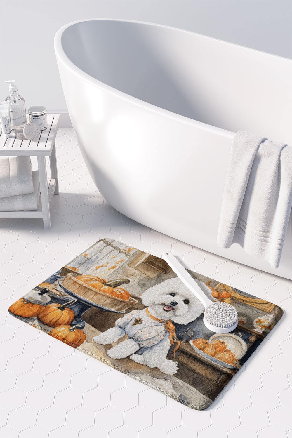 Bichon Frise Fall Kitchen Pumpkins Memory Foam Kitchen Mat Machine Washable Anti-Fatigue Mat Cushion Comfort Bath Mat or Kitchen Rug