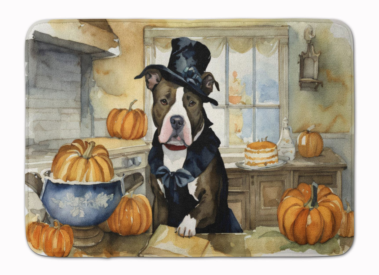 Pit Bull Terrier Fall Kitchen Pumpkins Memory Foam Kitchen Mat Machine Washable Anti-Fatigue Mat Cushion Comfort Bath Mat or Kitchen Rug