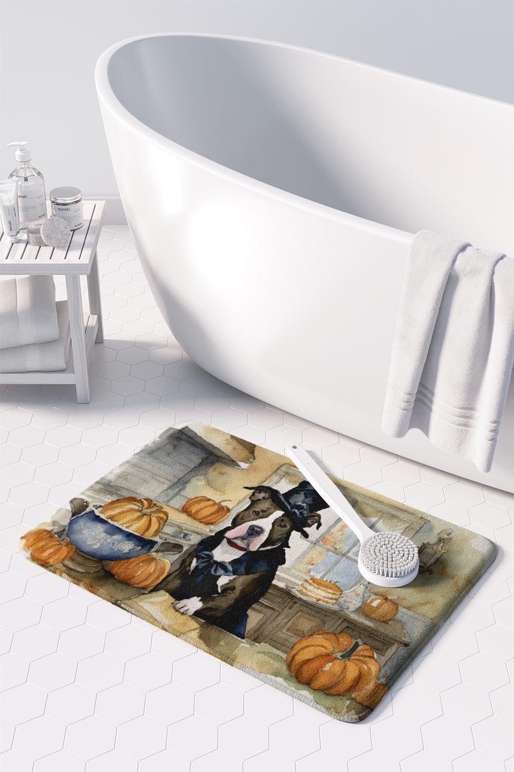 Pit Bull Terrier Fall Kitchen Pumpkins Memory Foam Kitchen Mat Machine Washable Anti-Fatigue Mat Cushion Comfort Bath Mat or Kitchen Rug