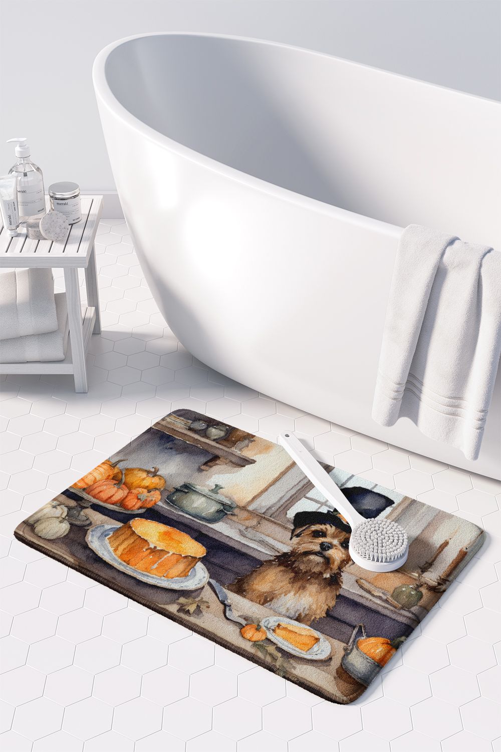 Border Terrier Fall Kitchen Pumpkins Memory Foam Kitchen Mat Machine Washable Anti-Fatigue Mat Cushion Comfort Bath Mat or Kitchen Rug