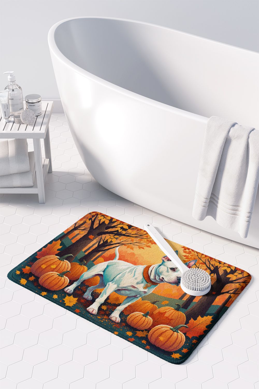 White Pit Bull Terrier Fall Memory Foam Kitchen Mat Machine Washable Anti-Fatigue Mat Cushion Comfort Bath Mat or Kitchen Rug